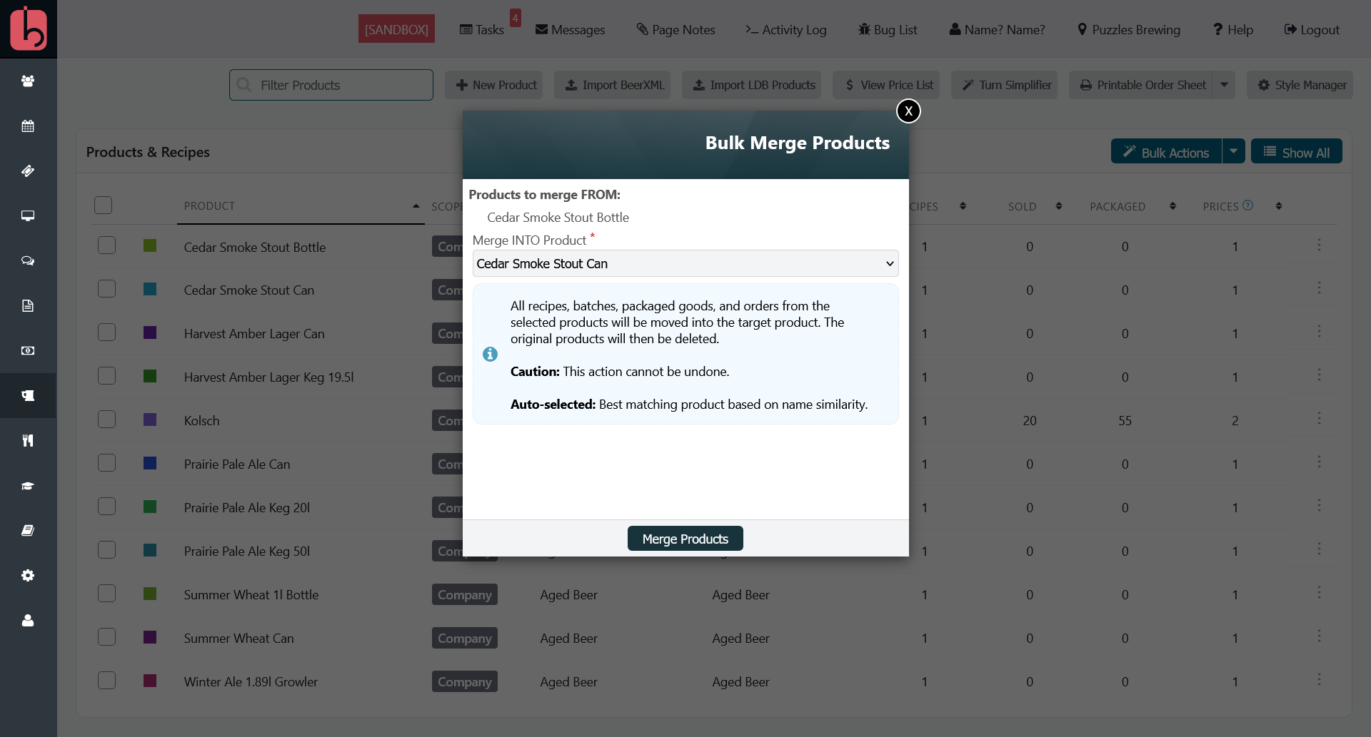 main listing page shwoing merge modal